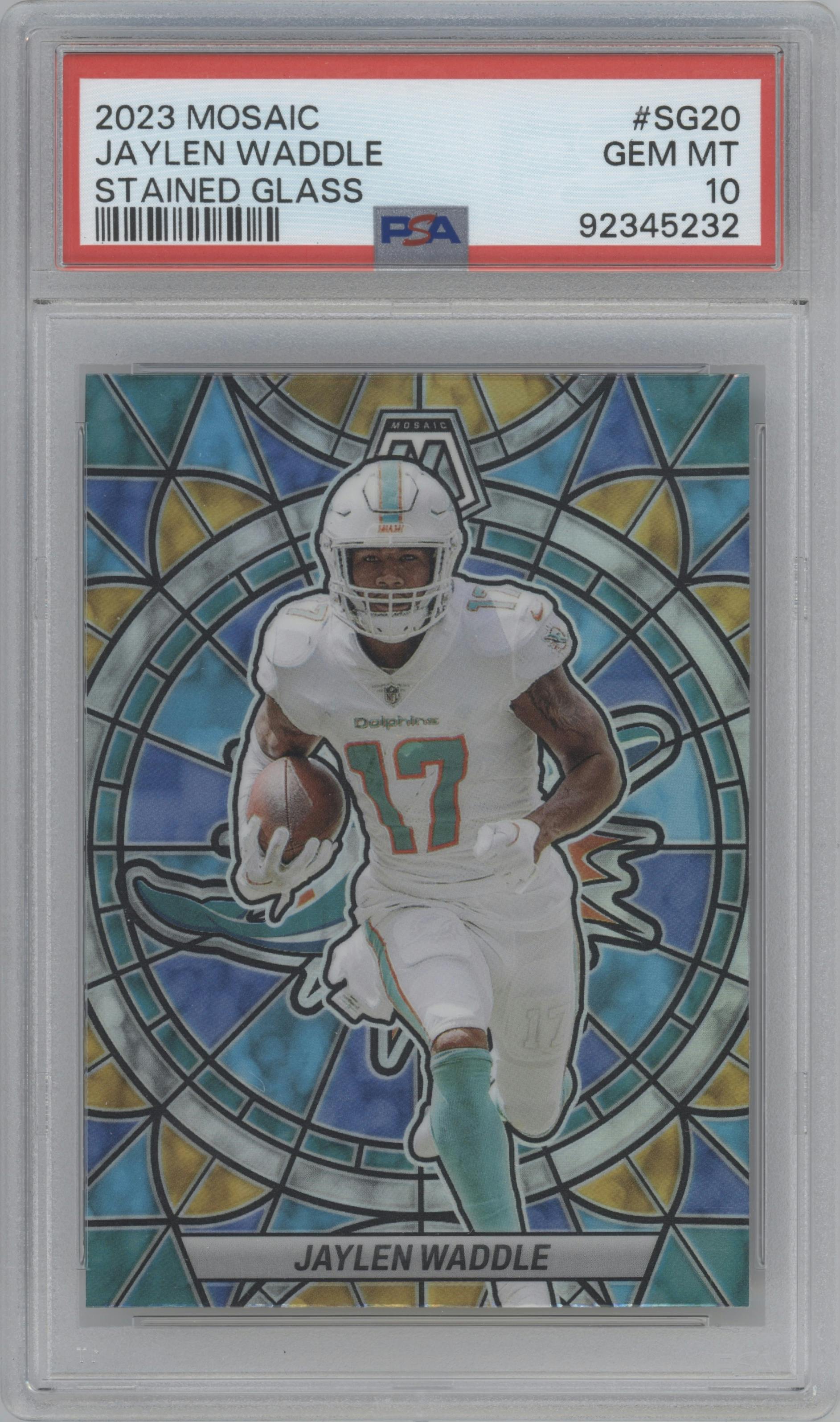 Jaylen Waddle from the 2023 Panini Mosaic set graded by PSA and given an overall grade of 10.