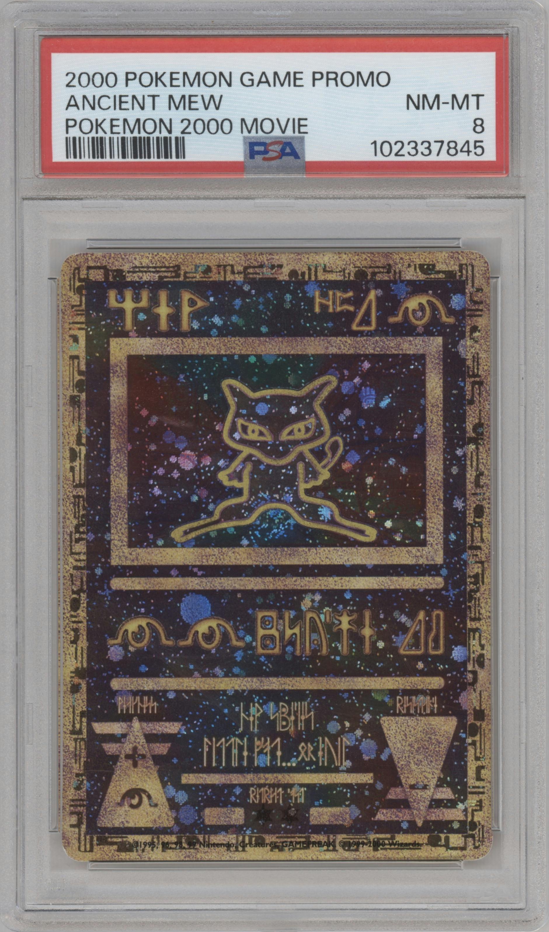 Ancient Mew from the 2000 Pokemon set graded by PSA and given an overall grade of 8.