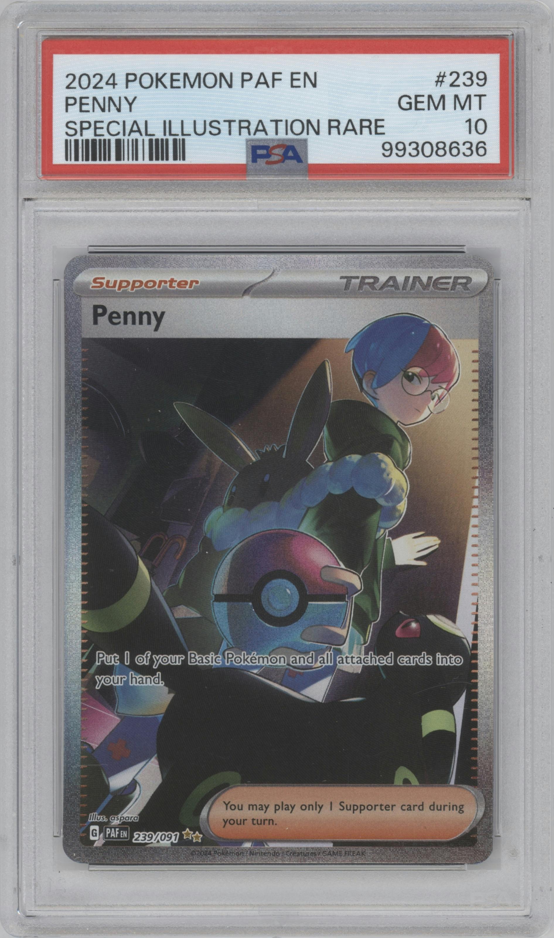 Penny from the 2024 Pokemon SV set graded by PSA and given an overall grade of 10.