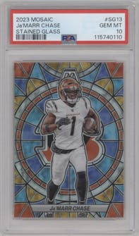 Ja'Marr Chase from the 2023 Panini Mosaic set graded by PSA and given an overall grade of 10.