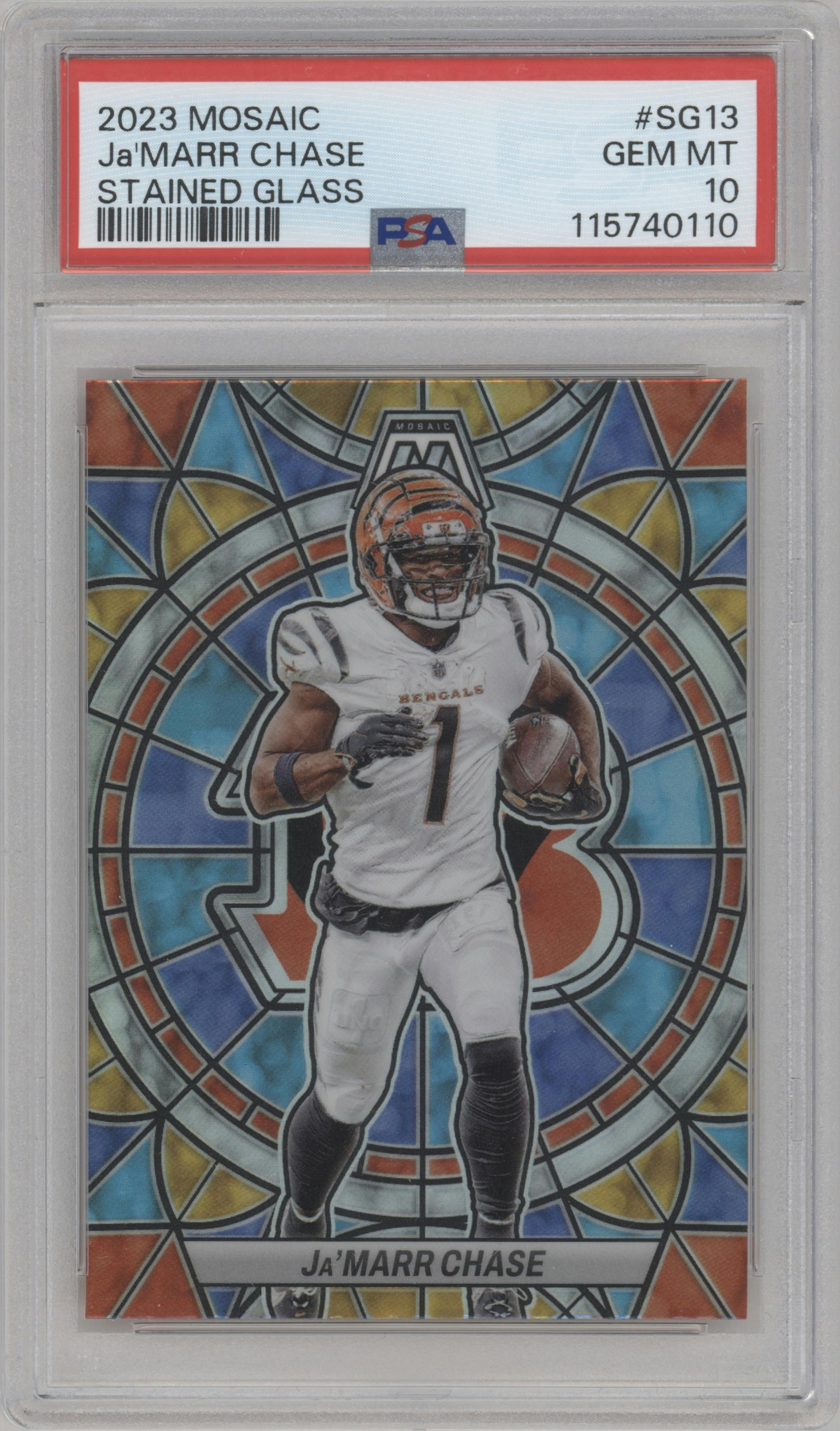Ja'Marr Chase from the 2023 Panini Mosaic set graded by PSA and given an overall grade of 10.