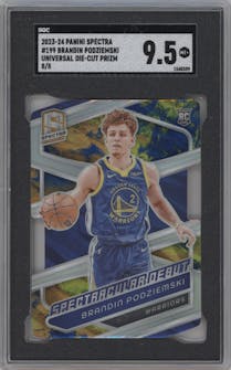 Brandin Podziemski from the 2023-24 Panini Spectra set featuring a Universal Die-Cut parallel graded by SGC and given an overall grade of 9.5.