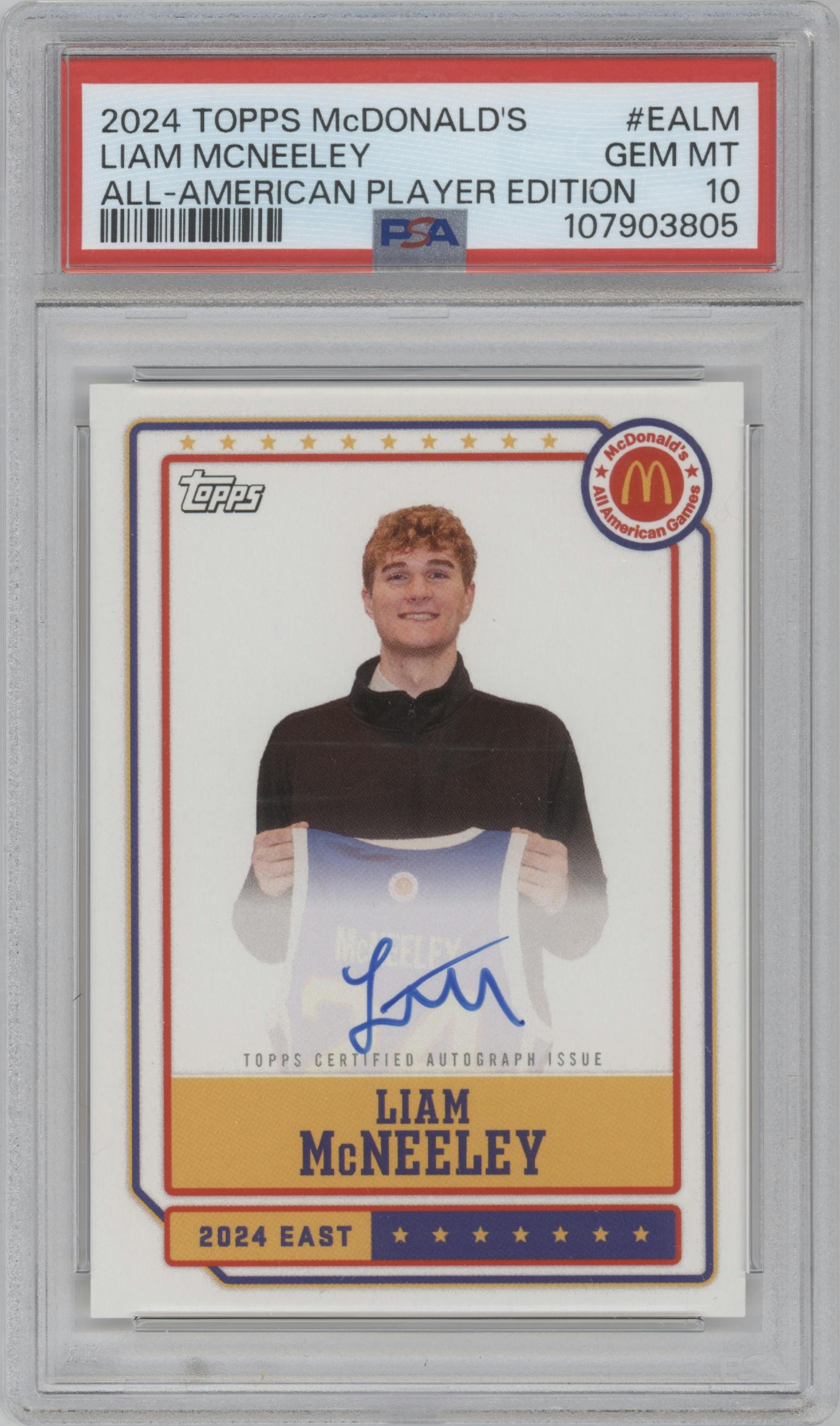 Liam McNeeley from the 2024 Topps Chrome McDonald's All-American set graded by PSA and given an overall grade of 10.