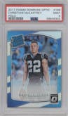 Christian McCaffrey from the 2017 Panini Donruss Optic set featuring a Holo parallel graded by PSA and given an overall grade of 9.