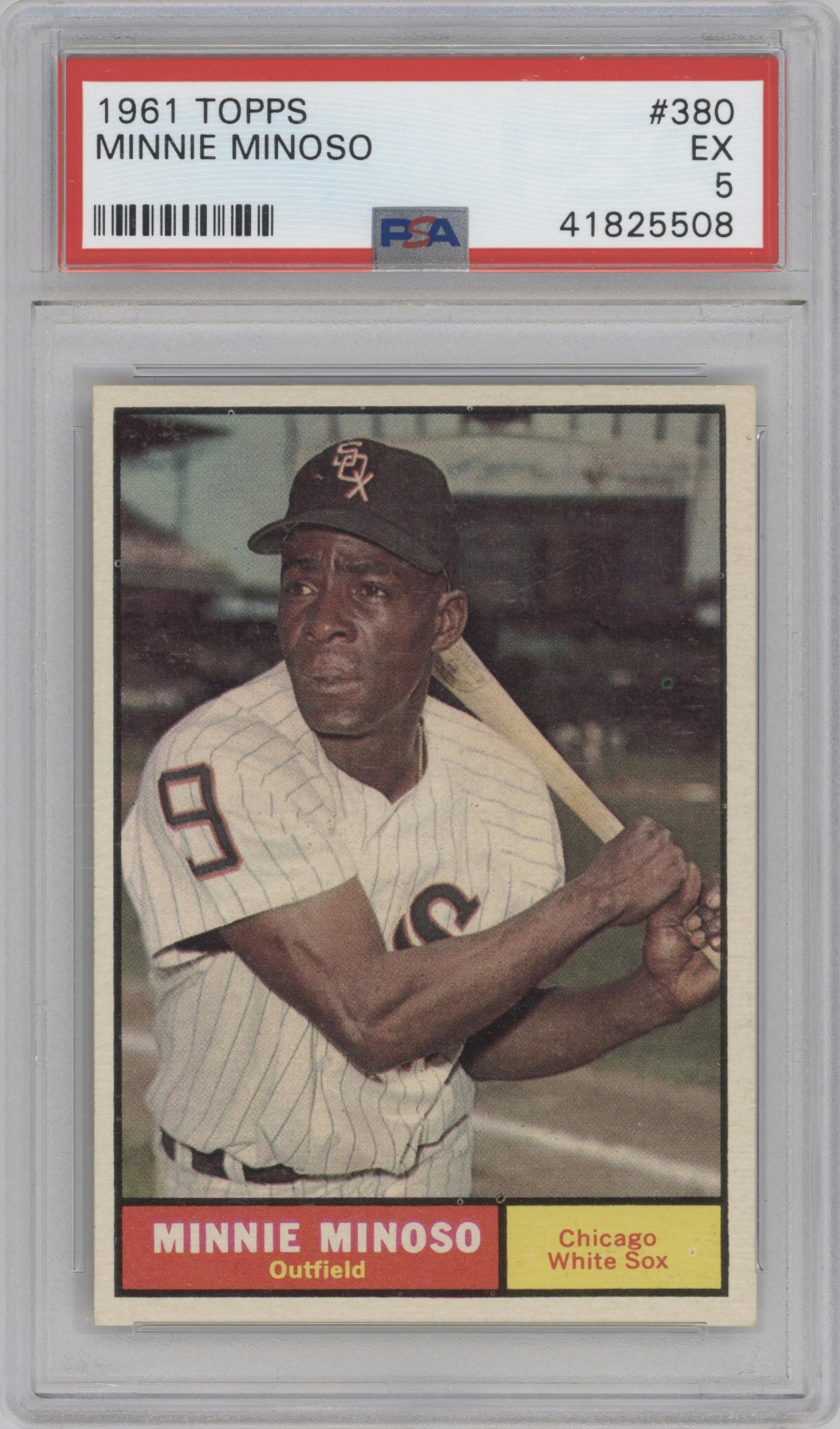 Minnie Minoso from the 1961 Topps set graded by PSA and given an overall grade of 5.