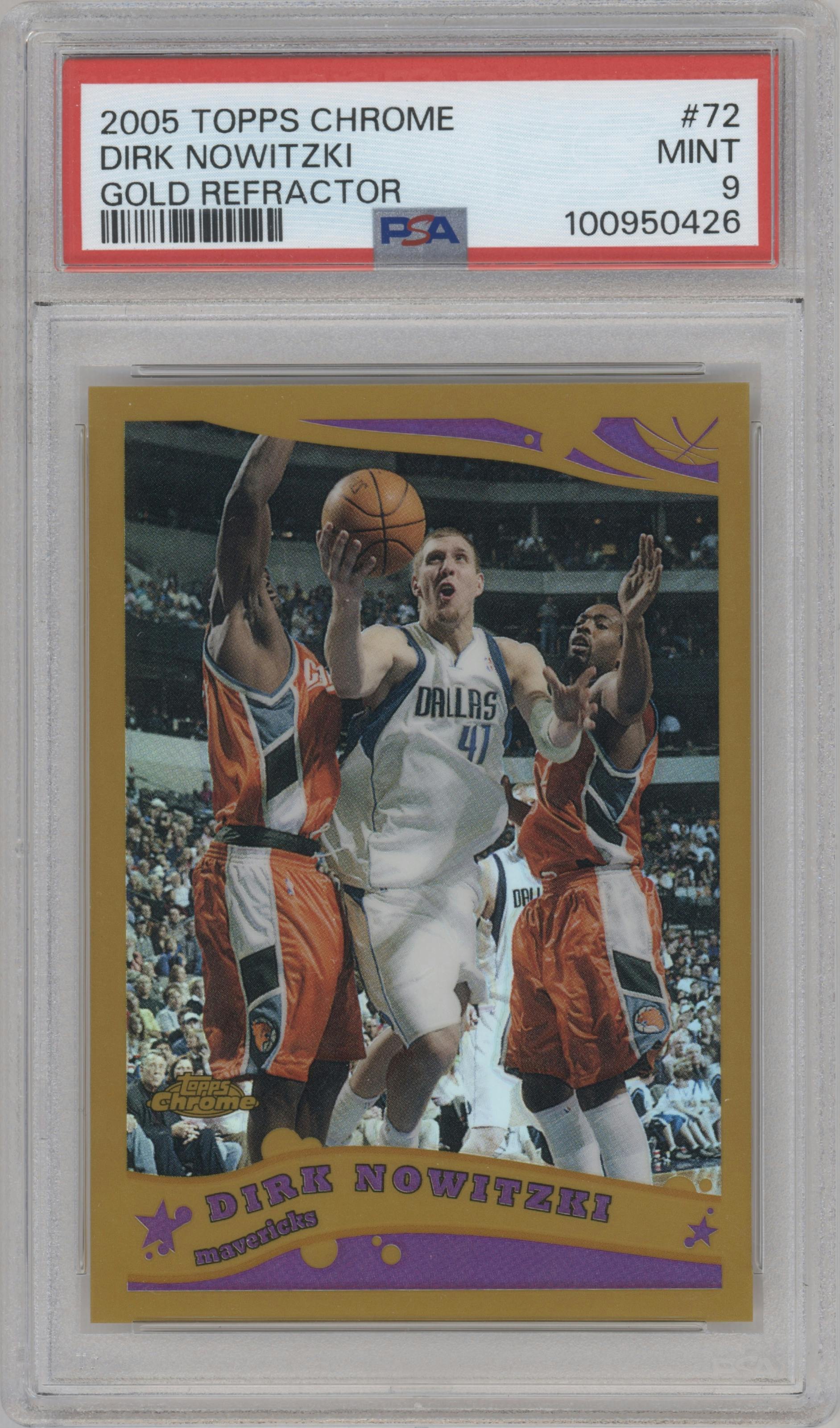 Dirk Nowitzki from the 2005-06 Topps Chrome set featuring a Gold Refractor parallel graded by PSA and given an overall grade of 9.