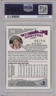 Dirk Nowitzki from the 2005-06 Topps Chrome set featuring a Gold Refractor parallel graded by PSA and given an overall grade of 9.