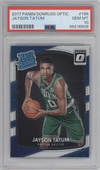 Jayson Tatum from the 2017-18 Panini Donruss Optic set graded by PSA and given an overall grade of 10.