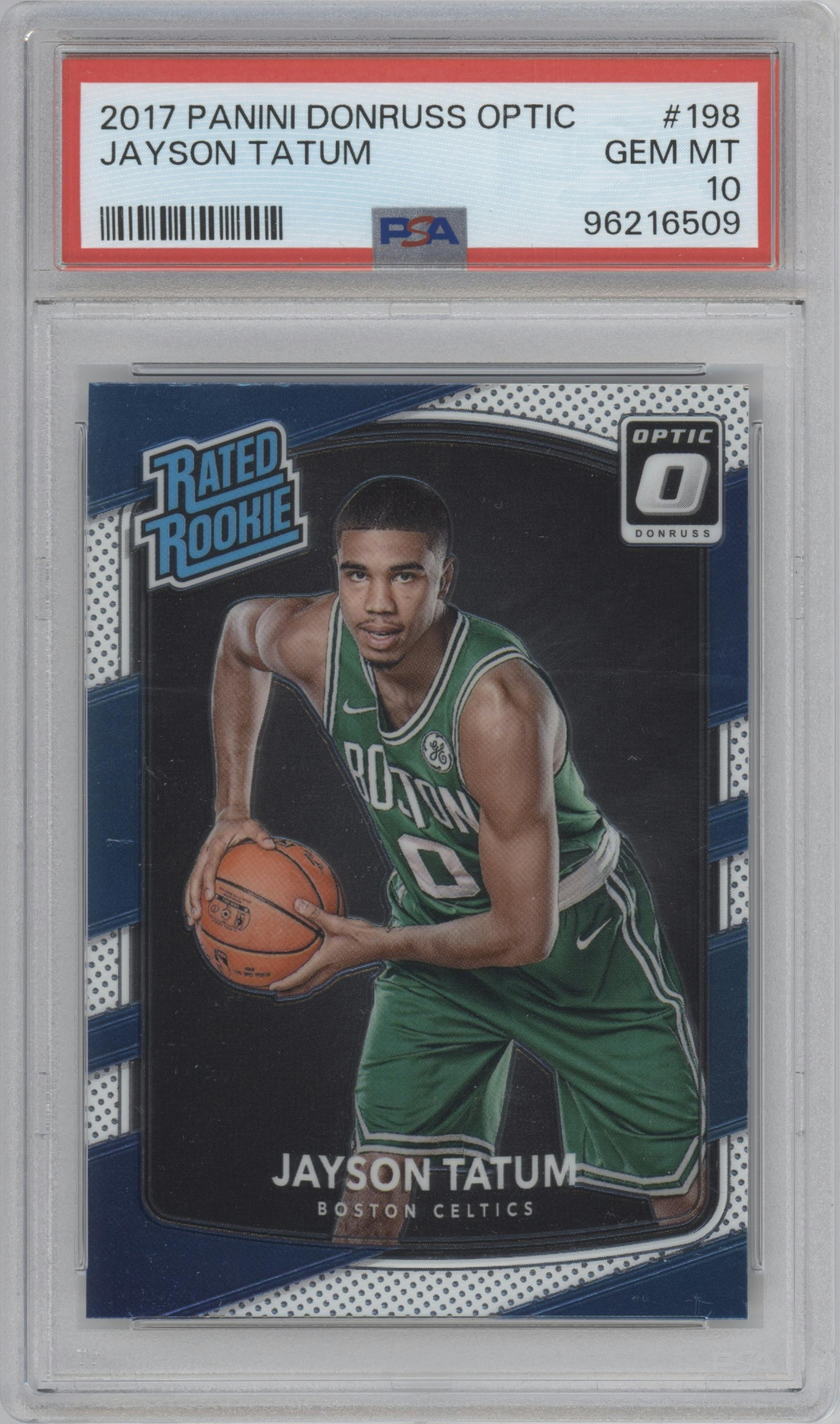 Jayson Tatum from the 2017-18 Panini Donruss Optic set graded by PSA and given an overall grade of 10.