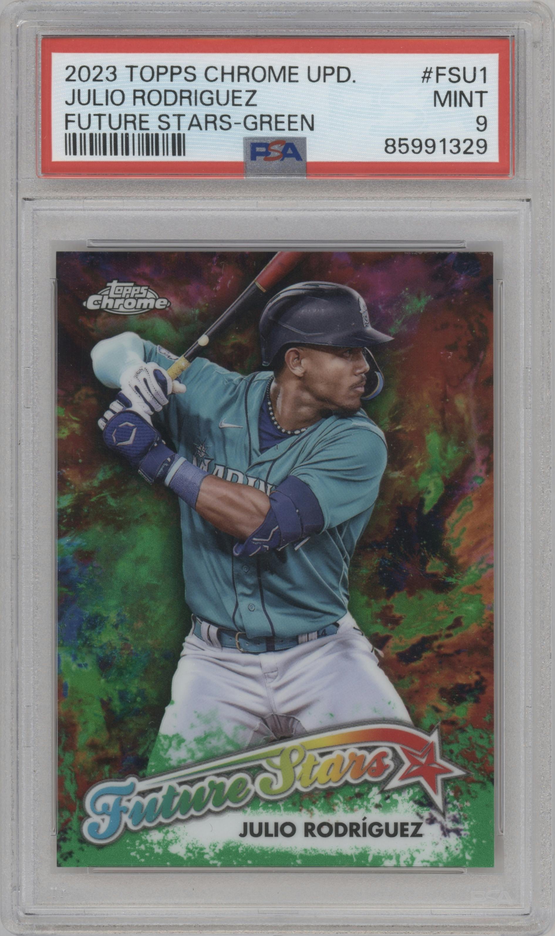 Julio Rodriguez from the 2023 Topps Chrome Update set featuring a Green Refractor parallel graded by PSA and given an overall grade of 9.