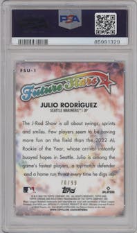 Julio Rodriguez from the 2023 Topps Chrome Update set featuring a Green Refractor parallel graded by PSA and given an overall grade of 9.