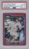 Jasson Dominguez from the 2024 Topps Chrome set featuring a Magenta Speckle Refractor parallel graded by PSA and given an overall grade of 10.