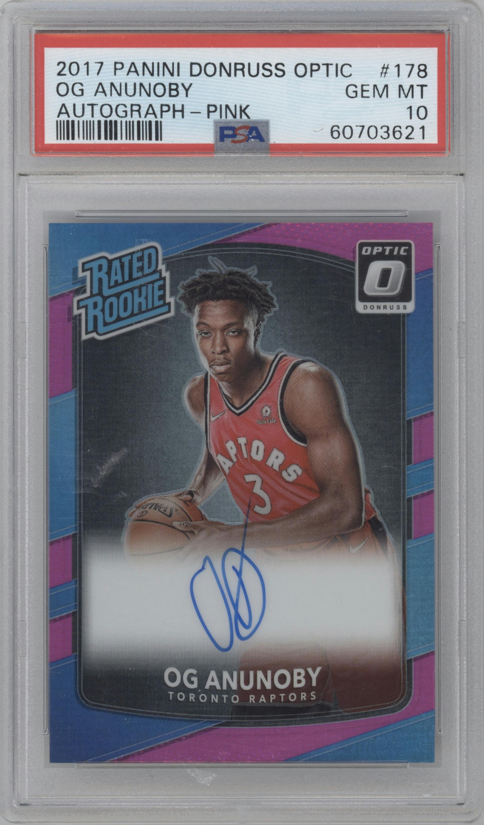 OG Anunoby from the 2017-18 Panini Donruss Optic set featuring a Pink parallel graded by PSA and given an overall grade of 10.