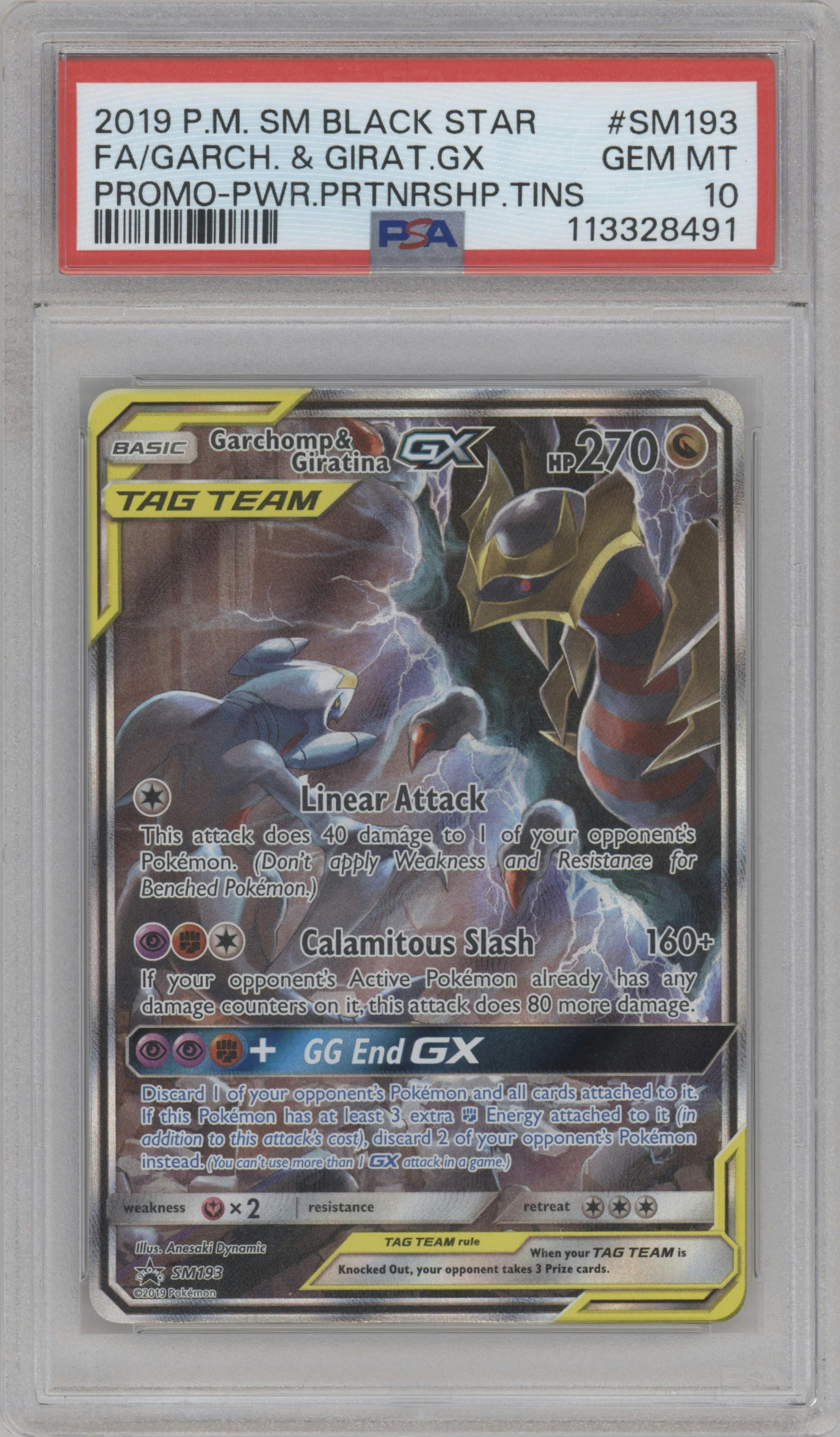 Garchomp & Giratina GX  from the 2019 Pokemon S&M  set featuring a Power Partnership Tins parallel graded by PSA and given an overall grade of 10.