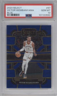 Victor Wembanyama from the 2023-24 Panini Select  set featuring a Blue Retail parallel graded by PSA and given an overall grade of 10.