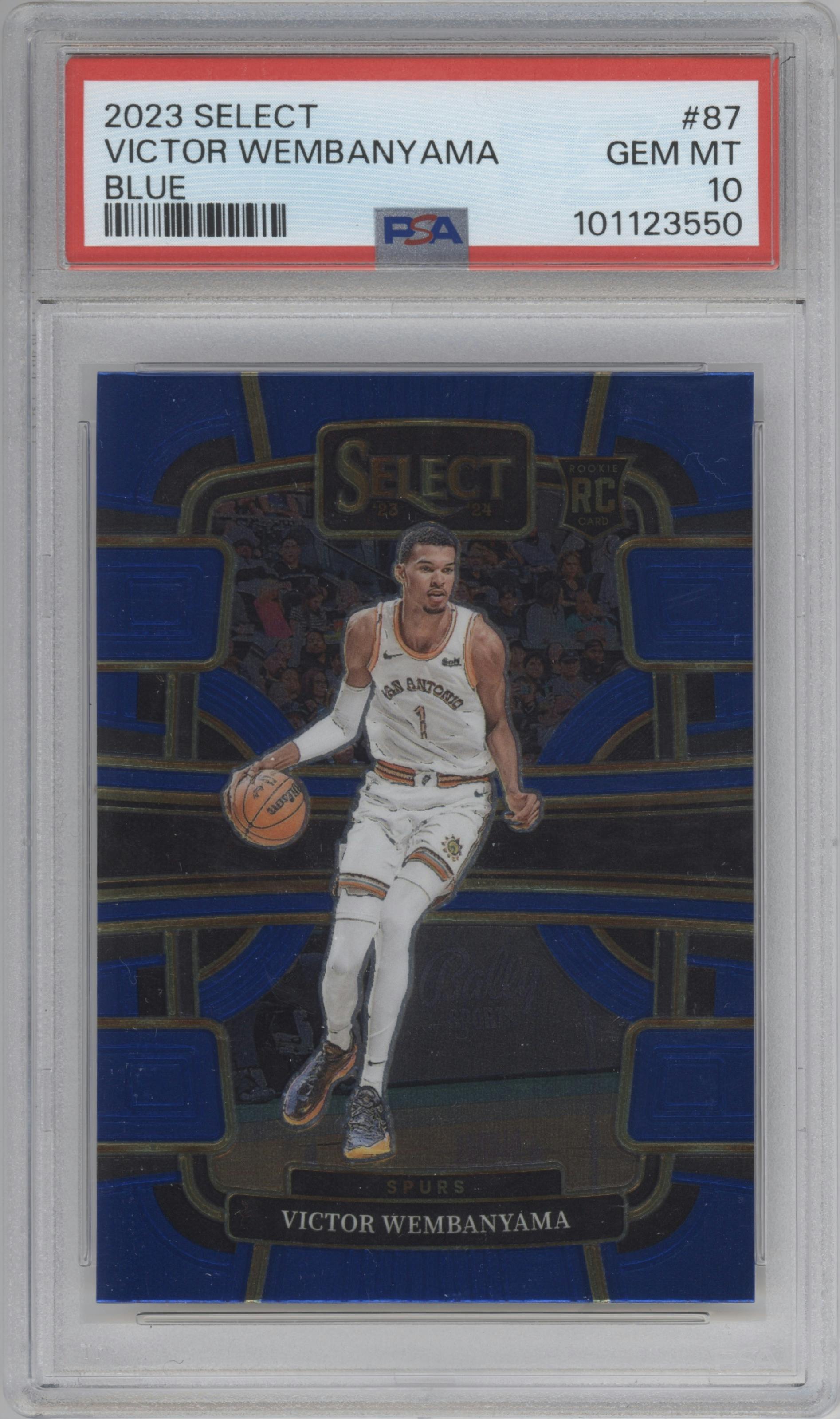 Victor Wembanyama from the 2023-24 Panini Select  set featuring a Blue Retail parallel graded by PSA and given an overall grade of 10.