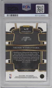 Victor Wembanyama from the 2023-24 Panini Select  set featuring a Blue Retail parallel graded by PSA and given an overall grade of 10.