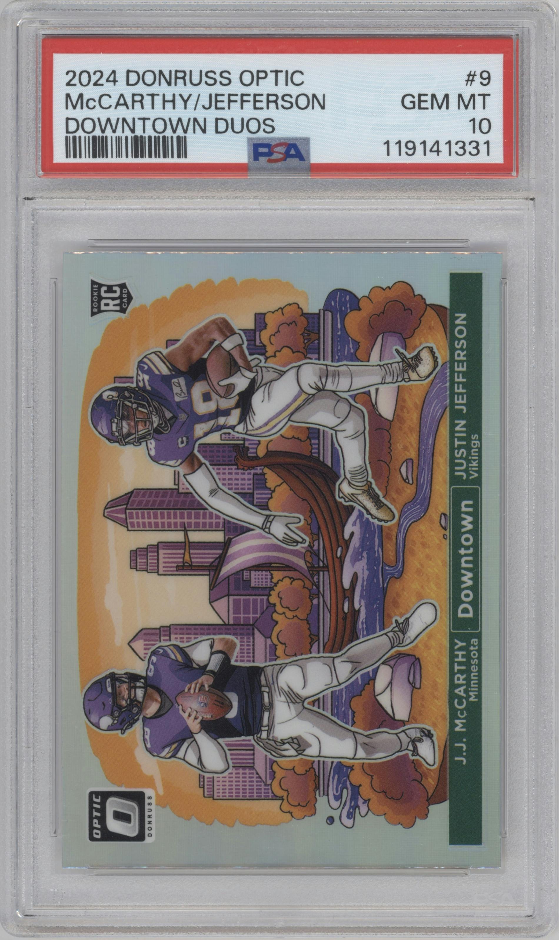 J.J. McCarthy/Justin Jefferson from the 2024 Donruss Optic set graded by PSA and given an overall grade of 10.