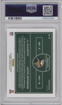 J.J. McCarthy/Justin Jefferson from the 2024 Donruss Optic set graded by PSA and given an overall grade of 10.
