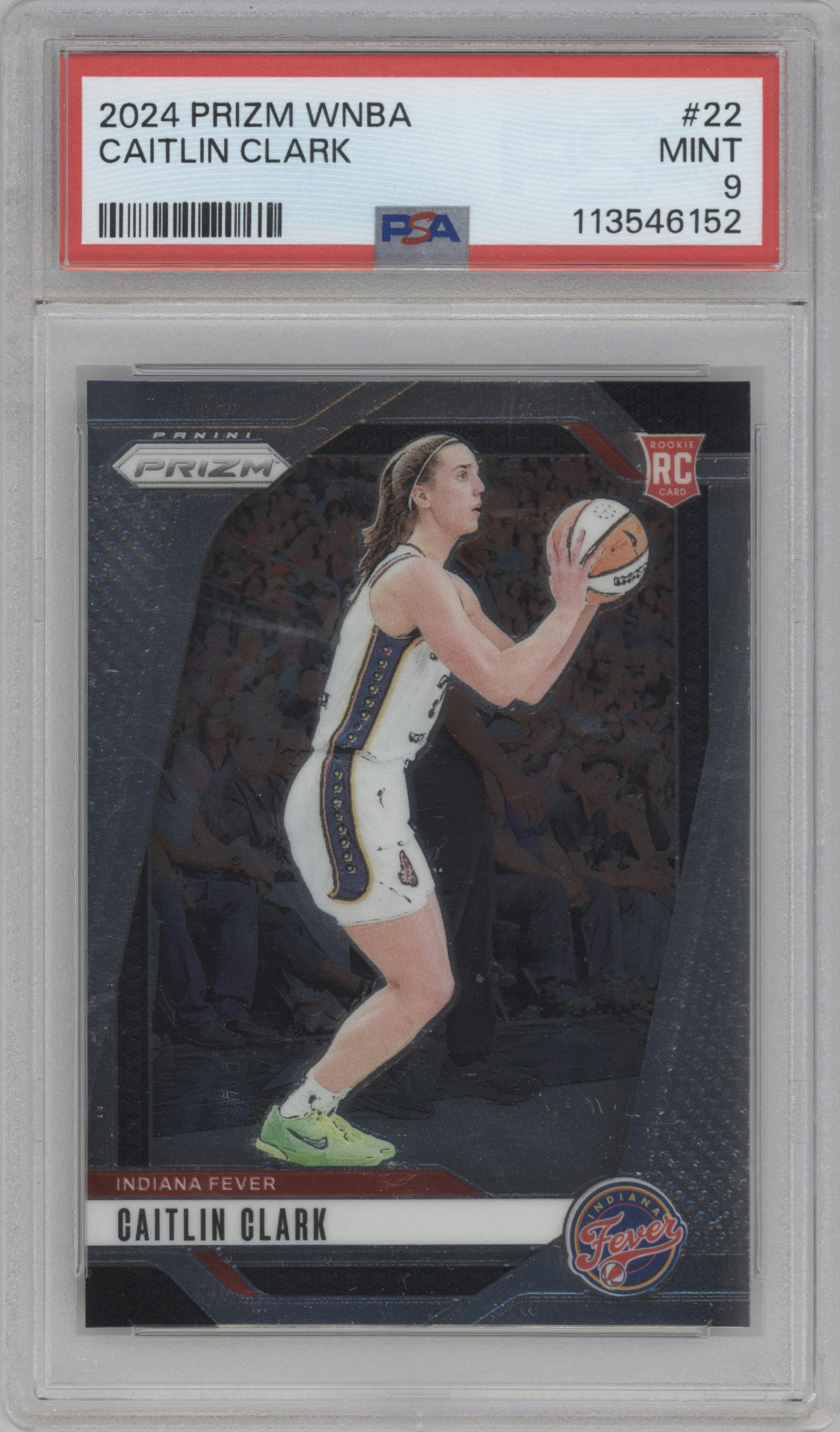 Caitlin Clark from the 2024 Panini Prizm WNBA set graded by PSA and given an overall grade of 9.