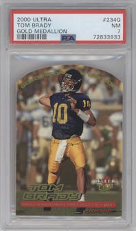 Tom Brady from the 2000 Fleer Ultra set graded by PSA and given an overall grade of 7.