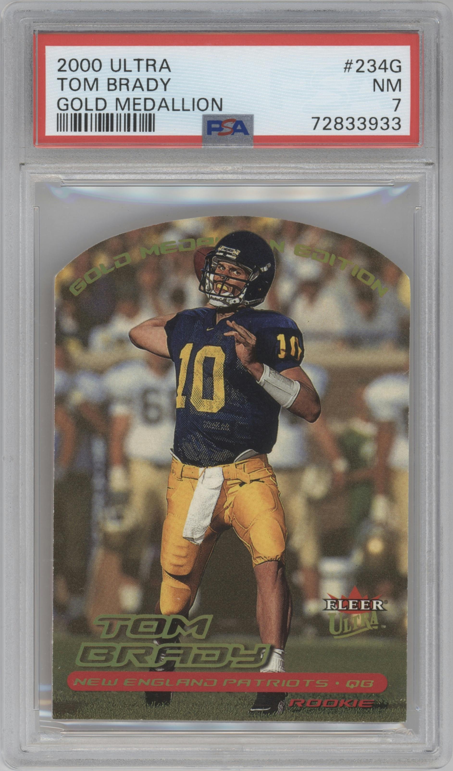 Tom Brady from the 2000 Fleer Ultra set graded by PSA and given an overall grade of 7.
