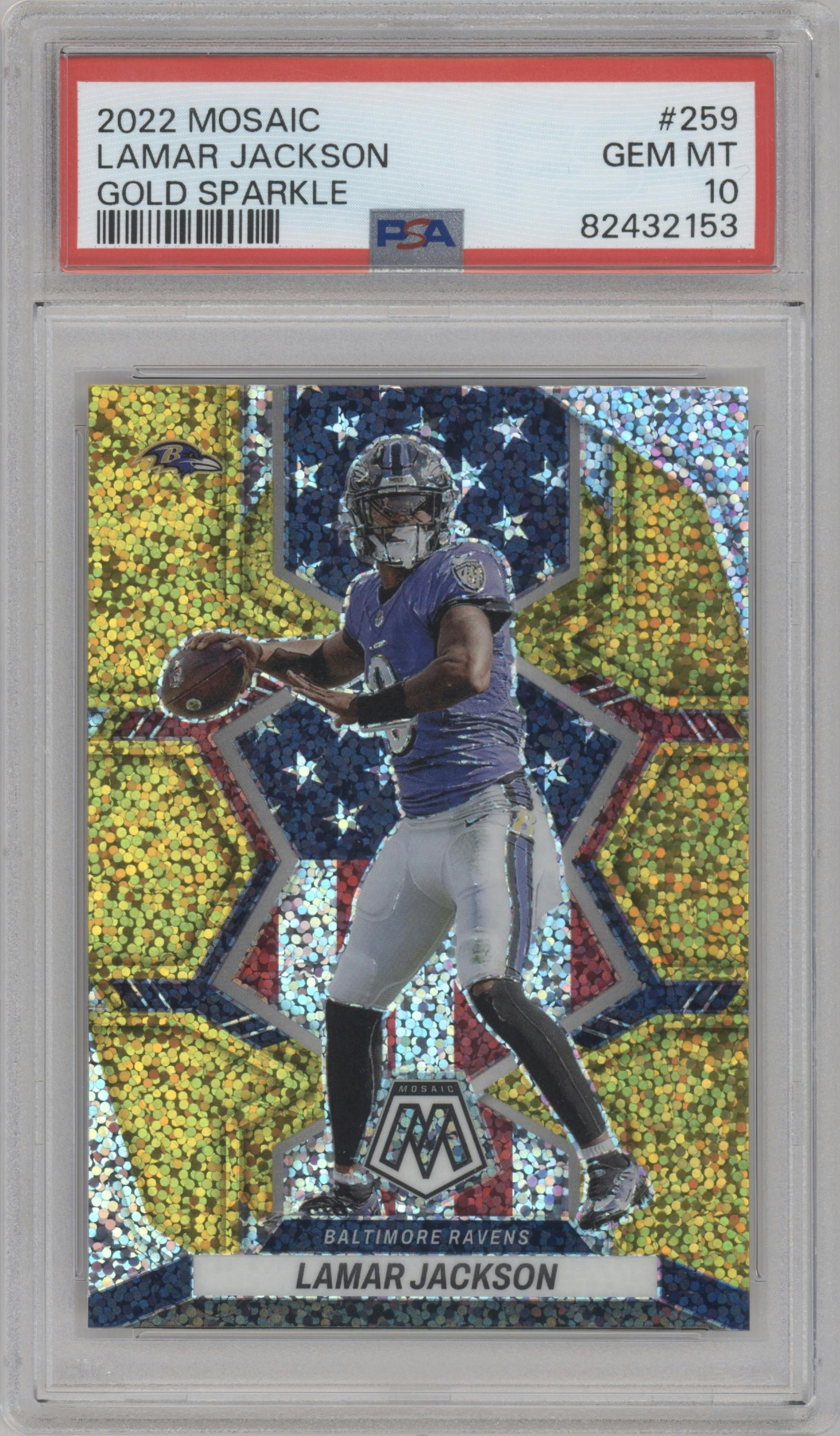 Lamar Jackson from the 2022 Panini Mosaic set featuring a Gold Sparkle parallel graded by PSA and given an overall grade of 10.