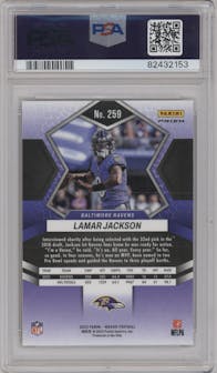 Lamar Jackson from the 2022 Panini Mosaic set featuring a Gold Sparkle parallel graded by PSA and given an overall grade of 10.