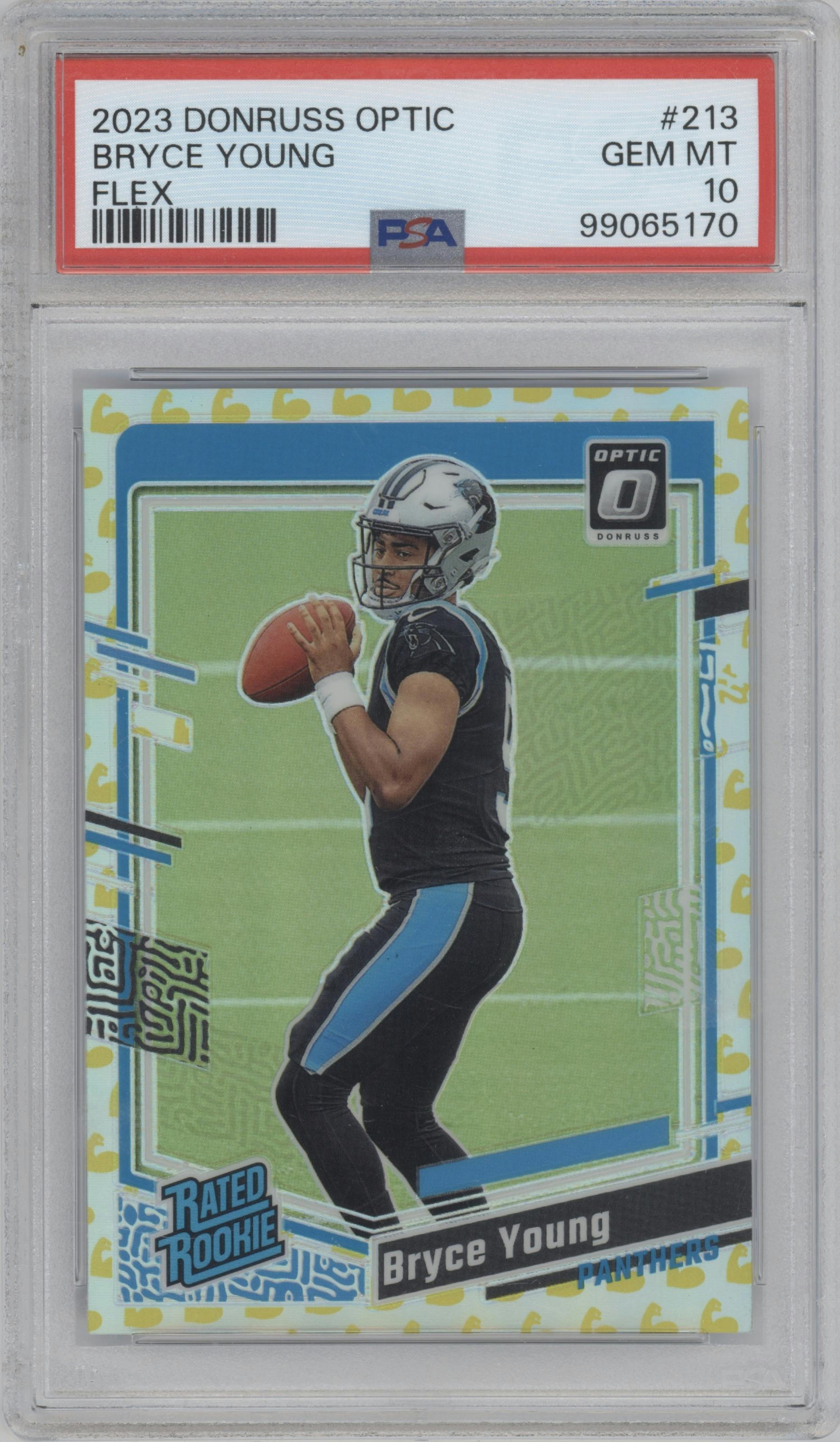 Bryce Young from the 2023 Donruss Optic set featuring a Flex parallel graded by PSA and given an overall grade of 10.