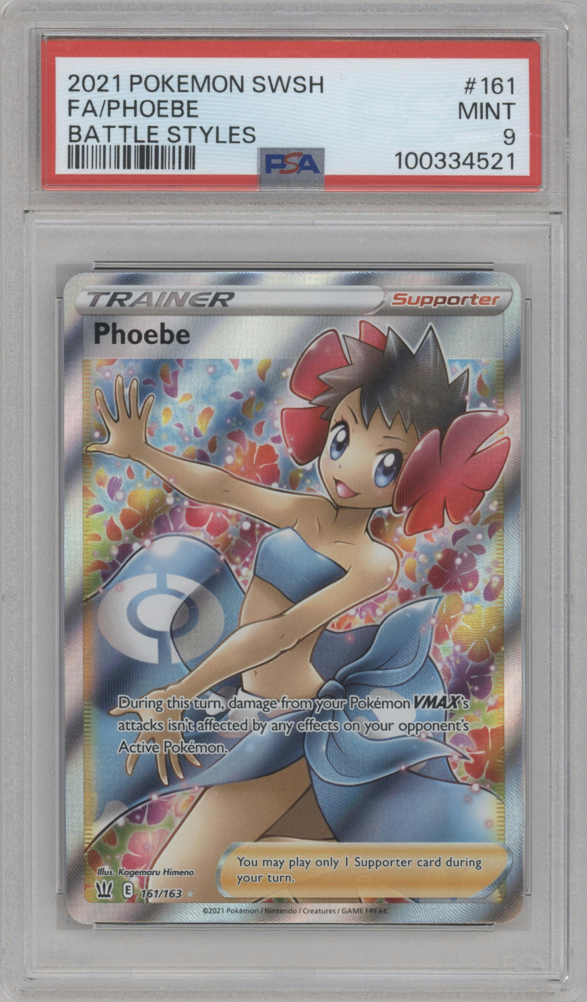 Phoebe from the 2021 Pokemon SWSH set graded by PSA and given an overall grade of 9.