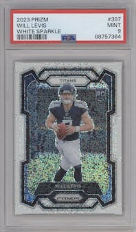 Will Levis from the 2023 Panini Prizm set featuring a White Sparkle parallel graded by PSA and given an overall grade of 9.