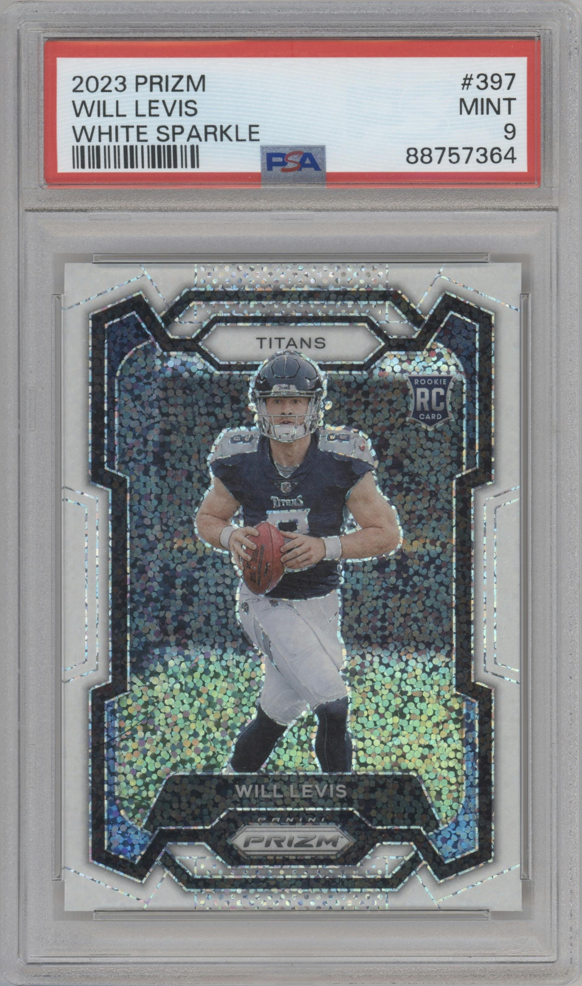 Will Levis from the 2023 Panini Prizm set featuring a White Sparkle parallel graded by PSA and given an overall grade of 9.