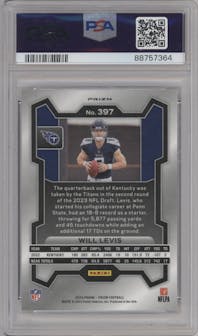 Will Levis from the 2023 Panini Prizm set featuring a White Sparkle parallel graded by PSA and given an overall grade of 9.