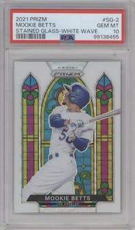 Mookie Betts from the 2021 Panini Prizm set featuring a White Wave parallel graded by PSA and given an overall grade of 10.