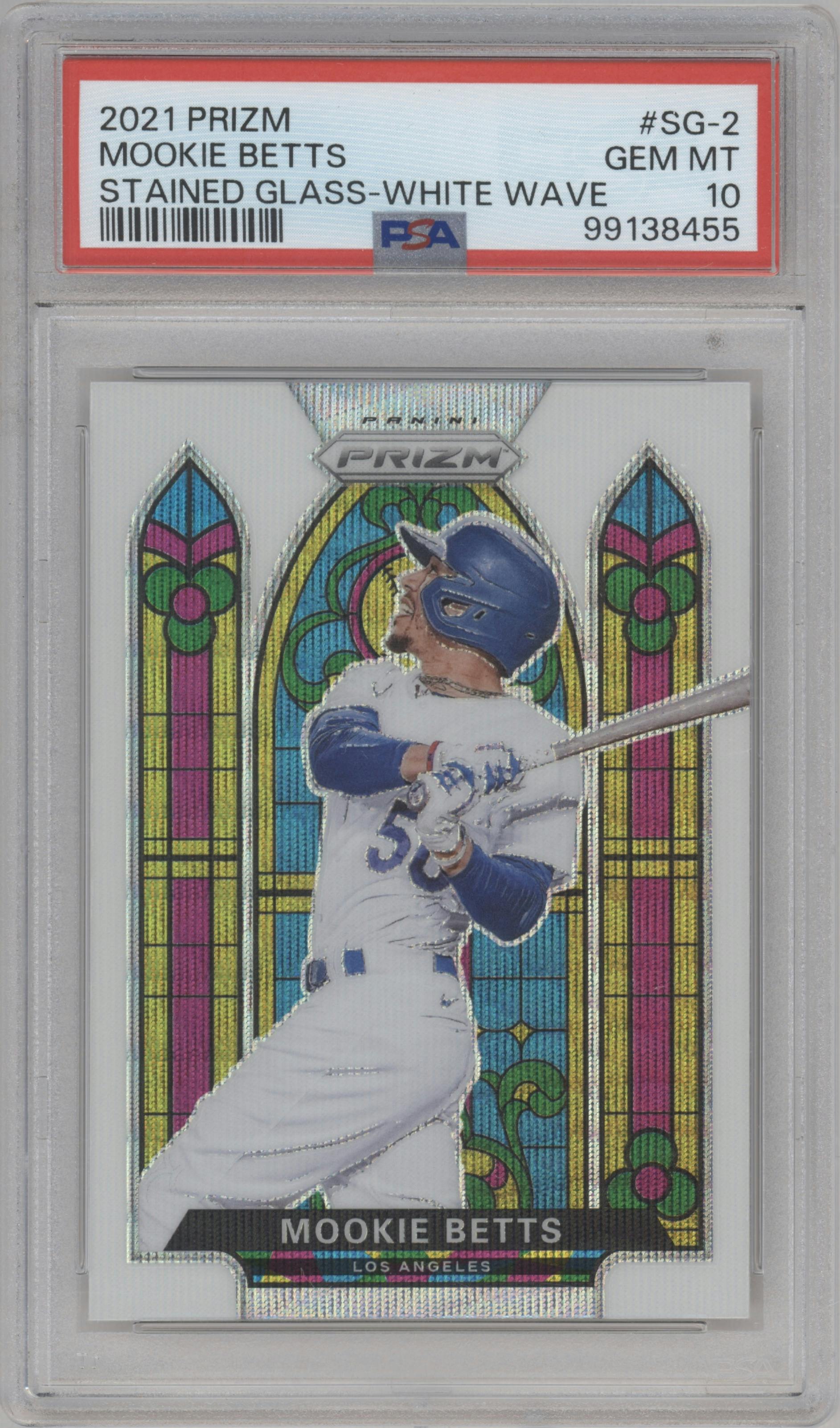 Mookie Betts from the 2021 Panini Prizm set featuring a White Wave parallel graded by PSA and given an overall grade of 10.
