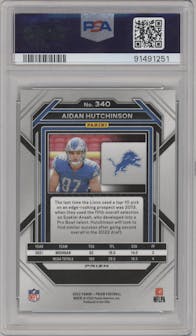 Aidan Hutchinson from the 2022 Panini Prizm set featuring a Green Prizm parallel graded by PSA and given an overall grade of 9.