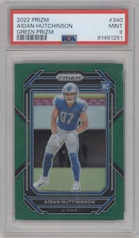 Aidan Hutchinson from the 2022 Panini Prizm set featuring a Green Prizm parallel graded by PSA and given an overall grade of 9.