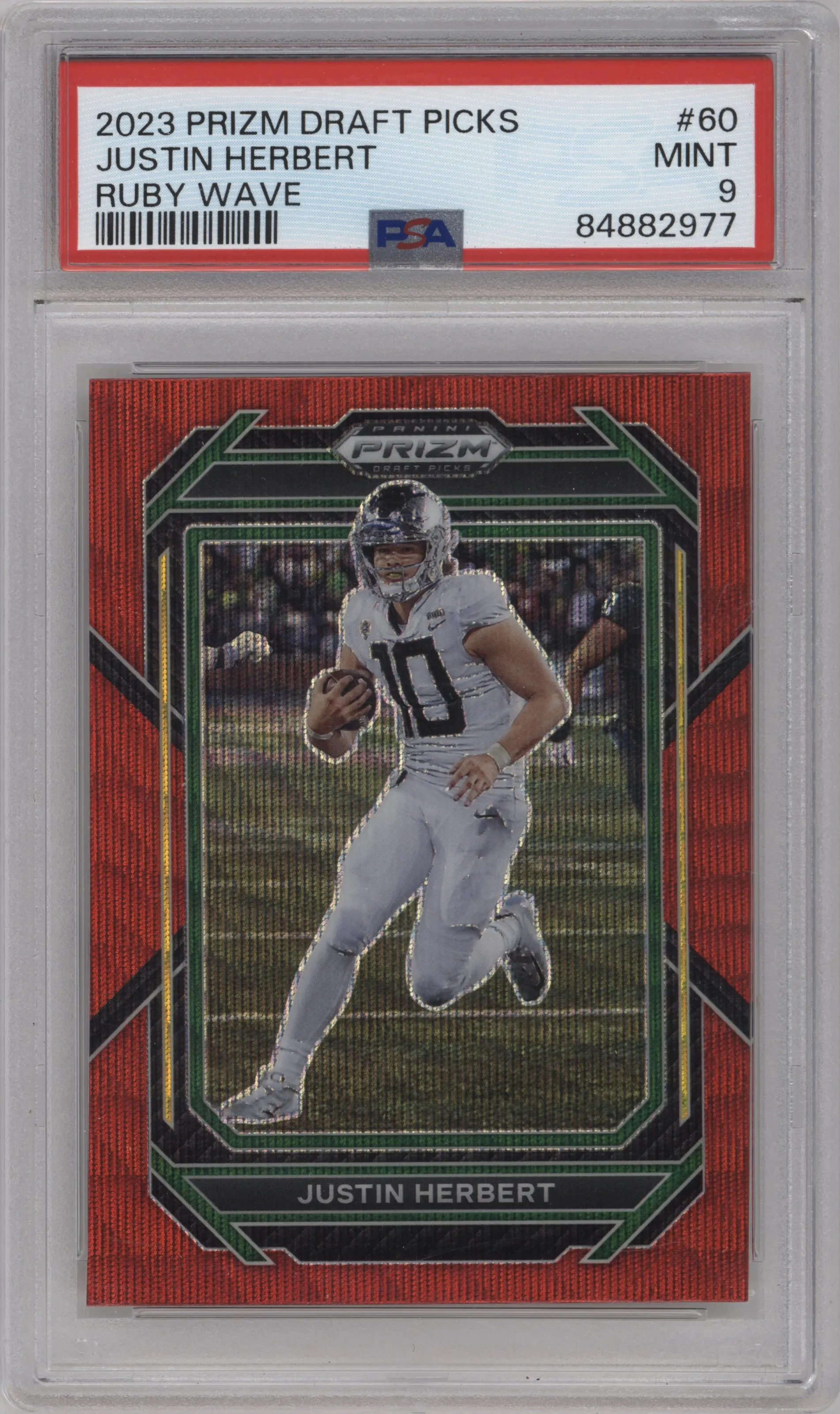 2023 Panini Prizm Draft Picks Justin Herbert Ruby Wave PSA 9