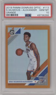 Shai Gilgeous-Alexander from the 2019-20 Panini Donruss Optic set featuring a Orange parallel graded by PSA and given an overall grade of 10.
