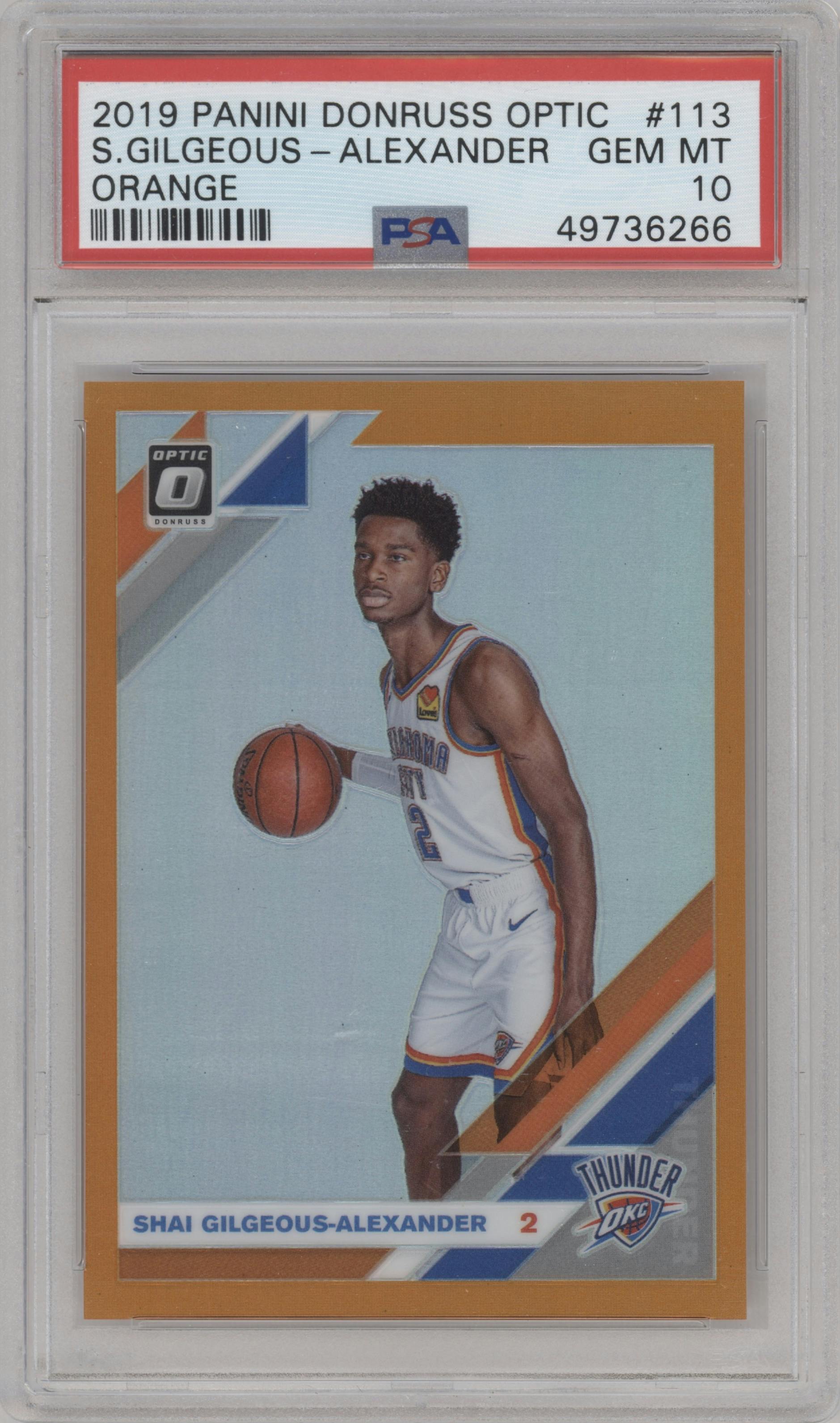 Shai Gilgeous-Alexander from the 2019-20 Panini Donruss Optic set featuring a Orange parallel graded by PSA and given an overall grade of 10.