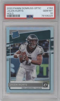 Jalen Hurts from the 2020 Panini Donruss Optic set featuring a Holo parallel graded by PSA and given an overall grade of 10.