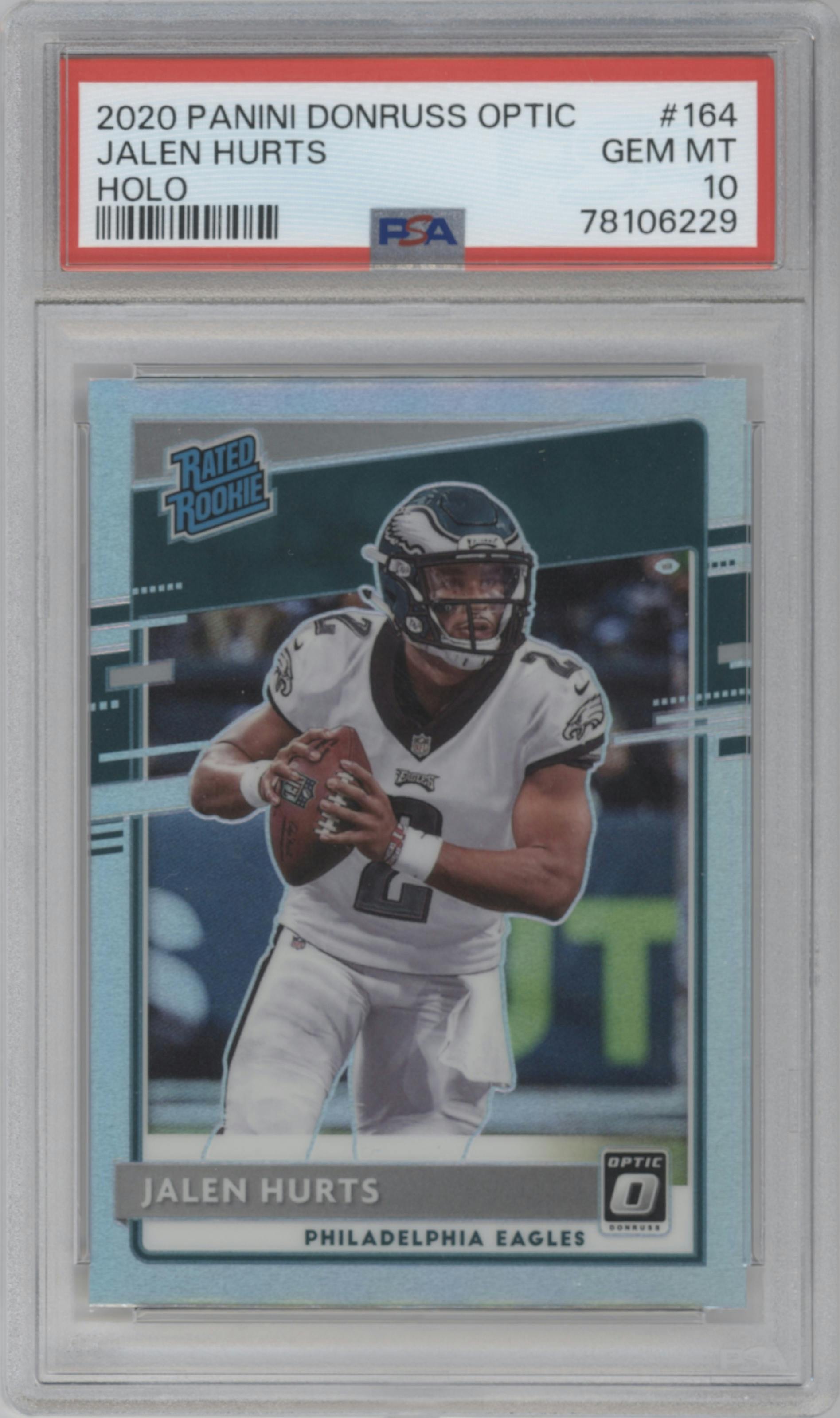 Jalen Hurts from the 2020 Panini Donruss Optic set featuring a Holo parallel graded by PSA and given an overall grade of 10.
