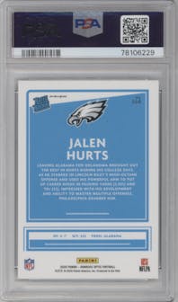 Jalen Hurts from the 2020 Panini Donruss Optic set featuring a Holo parallel graded by PSA and given an overall grade of 10.