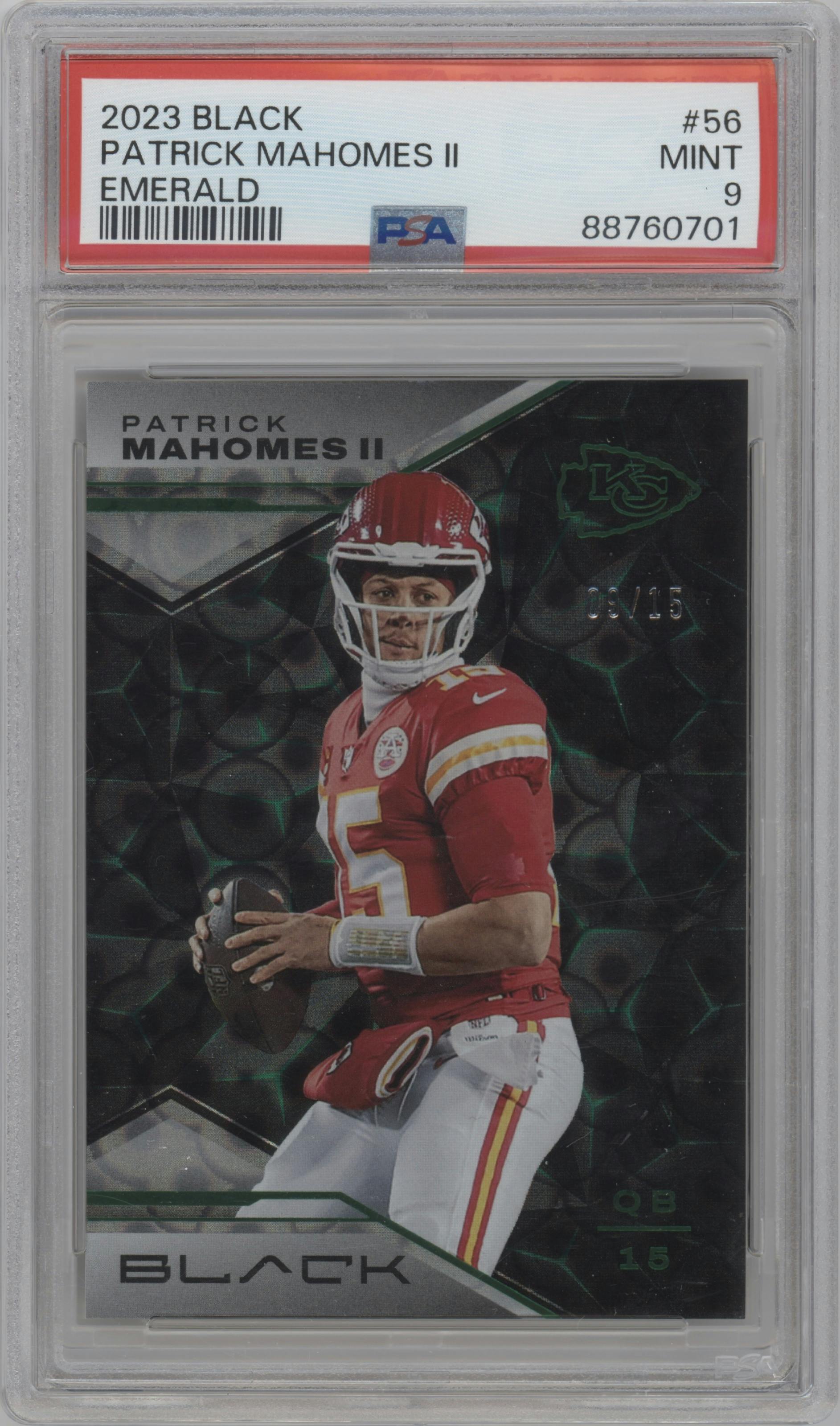 Patrick Mahomes II from the 2023 Panini Black set featuring a Emerald parallel graded by PSA and given an overall grade of 9.