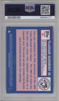 Vladimir Guerrero Jr. from the 2019 Topps Silver Pack set featuring a Purple Refractor parallel graded by PSA and given an overall grade of 9.