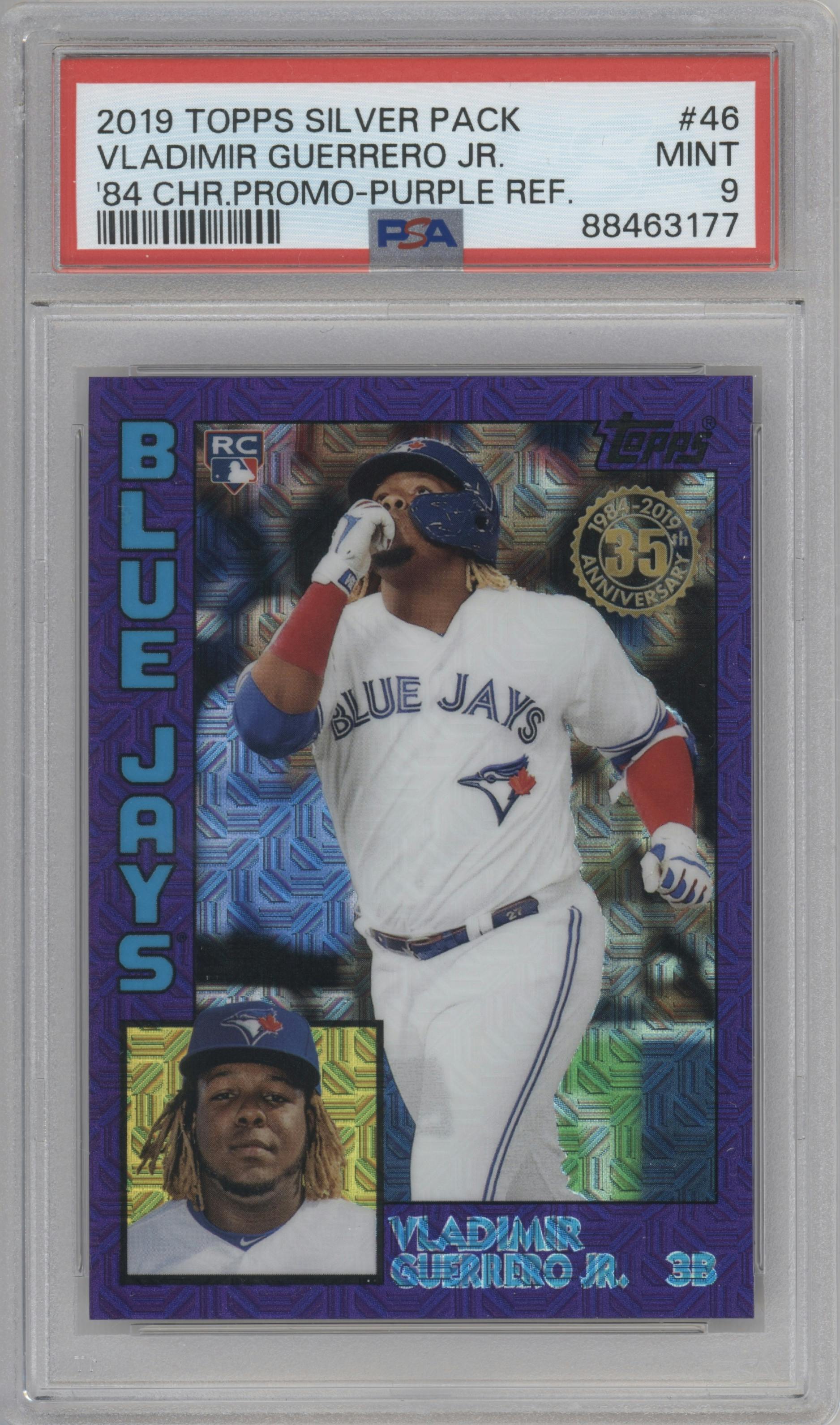 Vladimir Guerrero Jr. from the 2019 Topps Silver Pack set featuring a Purple Refractor parallel graded by PSA and given an overall grade of 9.