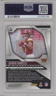 Jayden Daniels from the 2024 Panini Prizm set featuring a Lazer Prizm parallel graded by PSA and given an overall grade of 10.