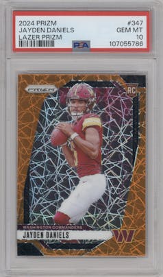 Jayden Daniels from the 2024 Panini Prizm set featuring a Lazer Prizm parallel graded by PSA and given an overall grade of 10.