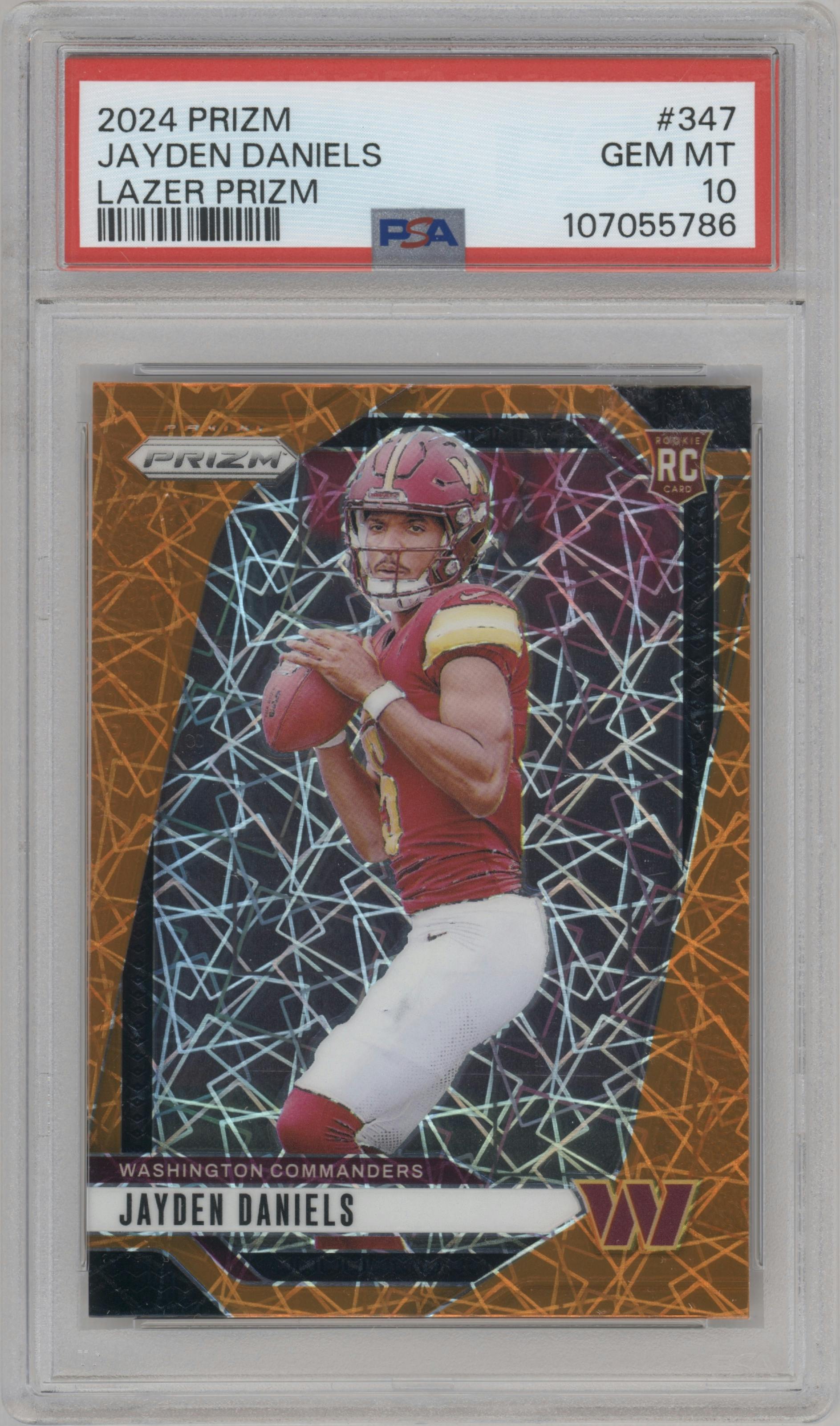 Jayden Daniels from the 2024 Panini Prizm set featuring a Lazer Prizm parallel graded by PSA and given an overall grade of 10.