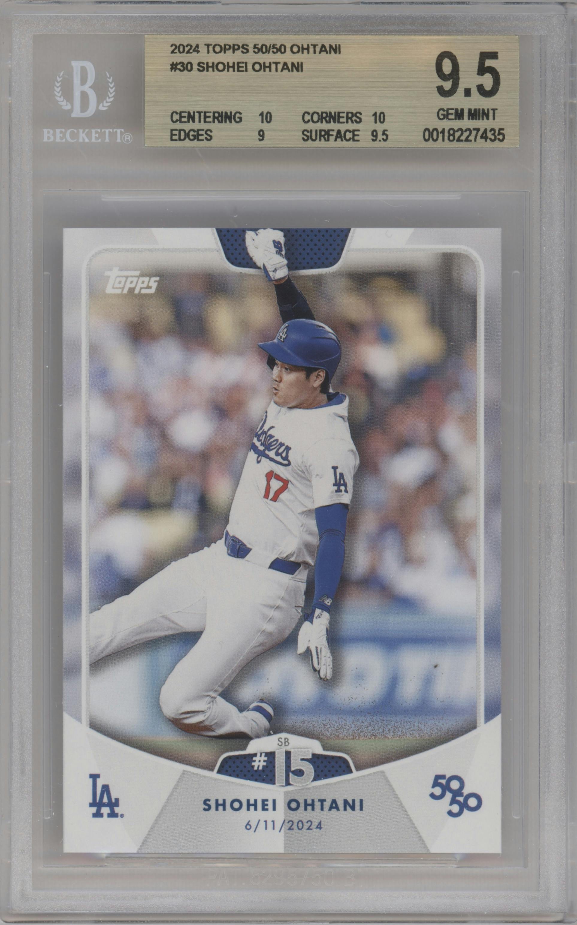 Shohei Ohtani from the 2024 Topps 50/50 set graded by Beckett and given an overall grade of 9.5.